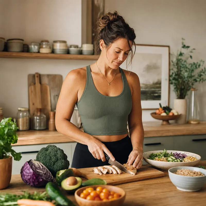 Preparing a balanced everyday meal in a warm, natural-light kitchen